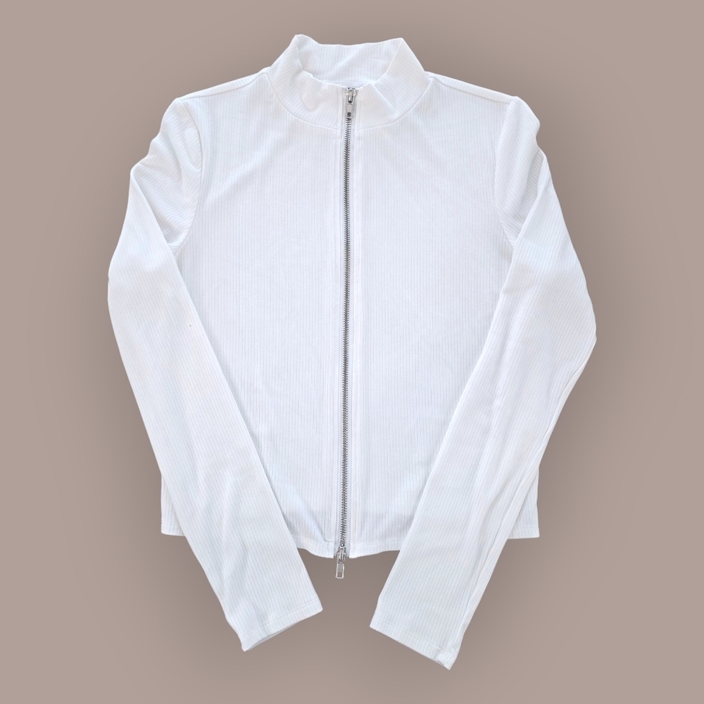Stitch & Pine White Ribbed Mock Neck Double Zip-Up Jacket Women Size Large